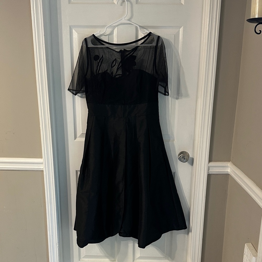 eShakti Elegant Black Midi Dress with Sheer Floral Top